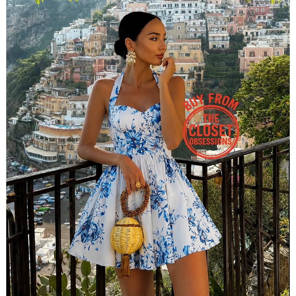 ZARA Blue Floral Halter Mini Dress NWT Open Back Fit Flare Sizes M L - Picture 3 of 16